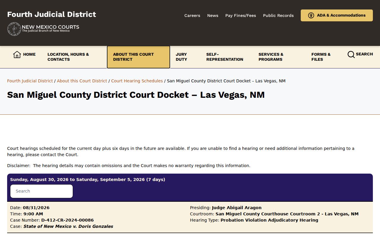 San Miguel County court calendar district docket schedule