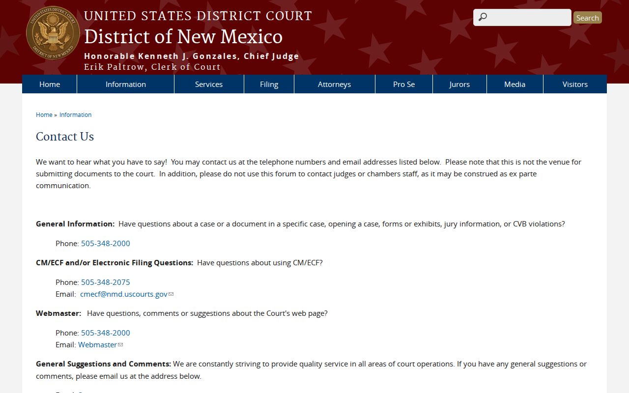 Mosquero court docket District of New Mexico contact page