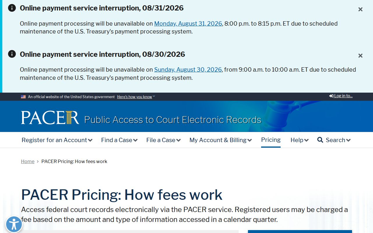 Mosquero court docket PACER pricing information