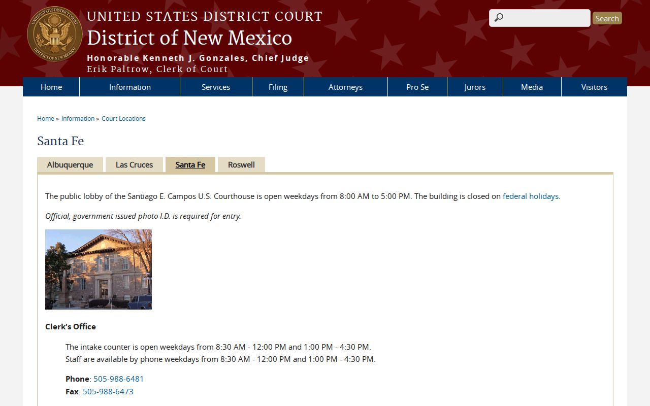 Pecos court docket Santa Fe federal division information